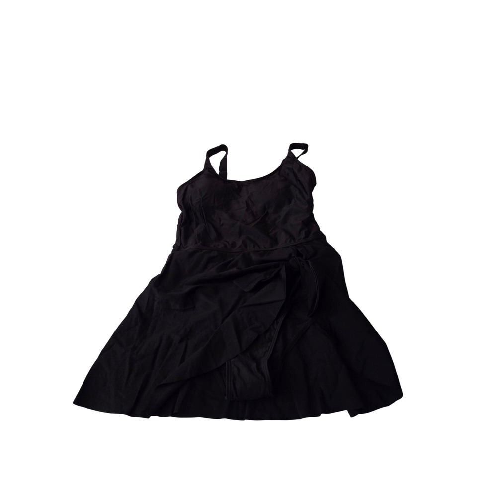 Black Swim Dress One Piece Swimsuit w/ Skirt Small Adjustable Straps Tie Detail
